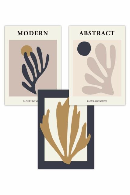 ARTZE Set of 3 Matisse Style Floral Cut Out Navy & Yellow Art Posters - Size: W50 cm x H70 cm - image 1