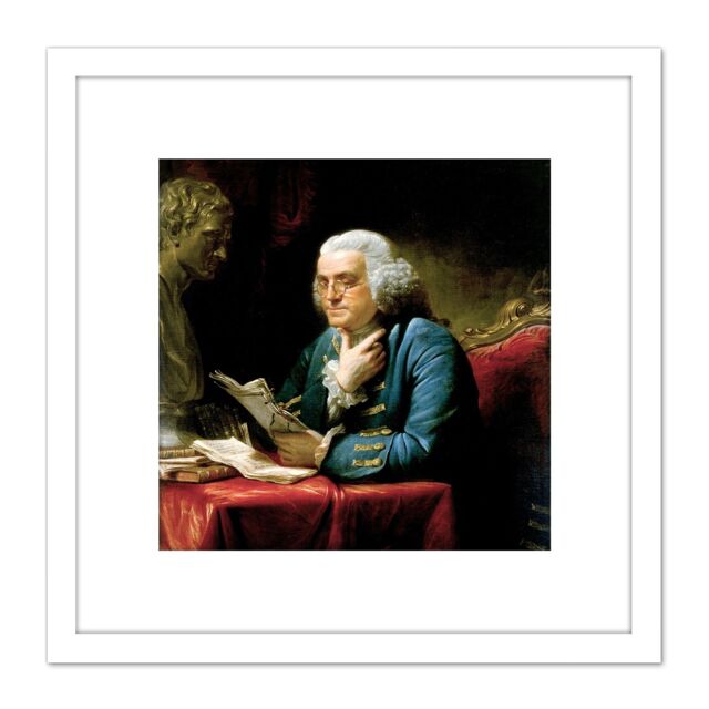 Artery8 Martin Portrait Founding Father Benjamin Franklin Painting 8X8 Inch Square Wooden Framed Wall Art Print Picture with Mount in White - image 1