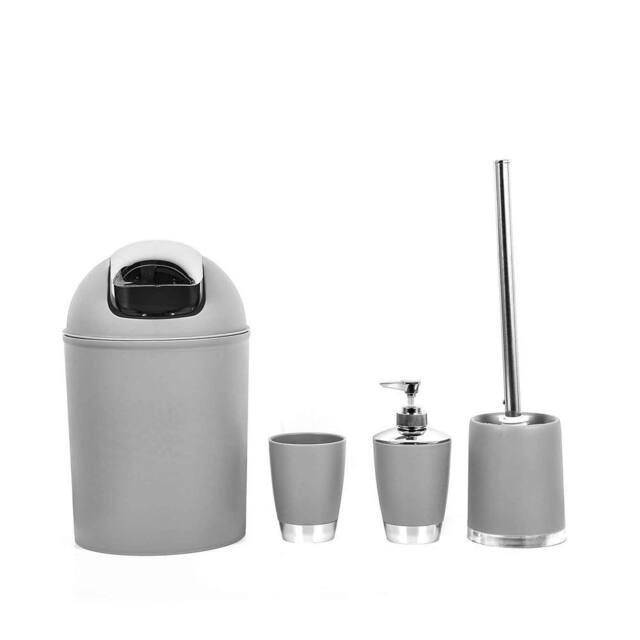 Voltico 4PC Bathroom Accessories Set Waste Bin Soap Dispenser White/Grey in Grey - image 1