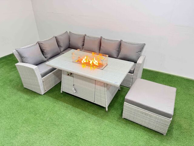 Fimous 7 Seat Rattan Garden Furniture Corner Sofa Set Outdoor Gas Fire Pit Table Sets with Big Footstool Light Grey - image 1