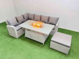 Fimous 7 Seat Rattan Garden Furniture Corner Sofa Set Outdoor Gas Fire Pit Table Sets with Big Footstool Light Grey - thumbnail 1