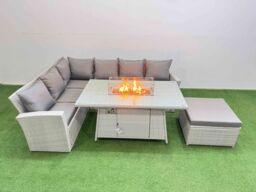 Fimous 7 Seat Rattan Garden Furniture Corner Sofa Set Outdoor Gas Fire Pit Table Sets with Big Footstool Light Grey - thumbnail 2