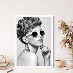 ARTZE Girl with Sunglasses Fashion Black & White Photo Framed Print SIZE: A2 with White Frame - Size: A4 - thumbnail 2