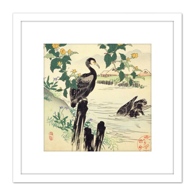 Artery8 Bairei Kacho Gafu Spring Japan Kerria & Cormorants 8X8 Inch Square Wooden Framed Wall Art Print Picture with Mount in White - image 1