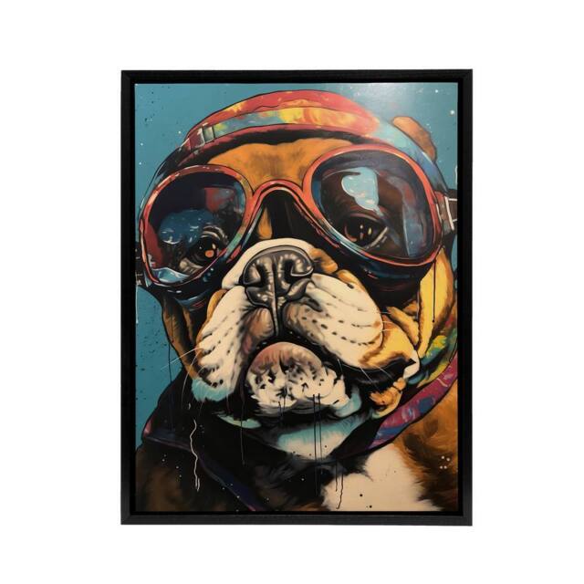 "Artery8 Bulldog Dog With Retro Motorcycle Goggles Framed Canvas Wall Art Print in Blue - Size: W12"" x H16""" - image 1