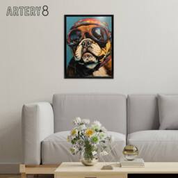 "Artery8 Bulldog Dog With Retro Motorcycle Goggles Framed Canvas Wall Art Print in Blue - Size: W12"" x H16""" - thumbnail 3