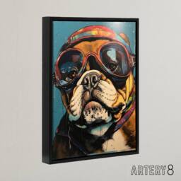 "Artery8 Bulldog Dog With Retro Motorcycle Goggles Framed Canvas Wall Art Print in Blue - Size: W12"" x H16""" - thumbnail 2