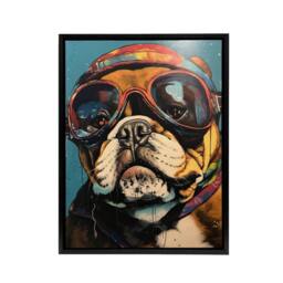"Artery8 Bulldog Dog With Retro Motorcycle Goggles Framed Canvas Wall Art Print in Blue - Size: W12"" x H16""" - thumbnail 1