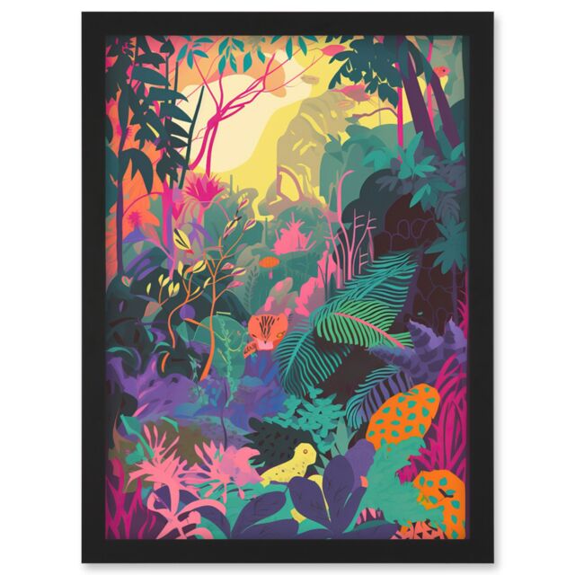 Artery8 Vibrant Tropical Rainforest Sunrise Illustration Artwork Framed Wall Art Print A4 in Black - image 1