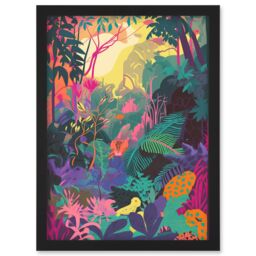 Artery8 Vibrant Tropical Rainforest Sunrise Illustration Artwork Framed Wall Art Print A4 in Black - thumbnail 1