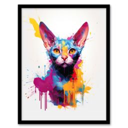 "Artery8 Wall Art Print Devon Rex Cat Lover Gift Pet Portrait Purple Blue Orange Artwork Painting Art Framed - Size: W12"" x H16""" - thumbnail 1