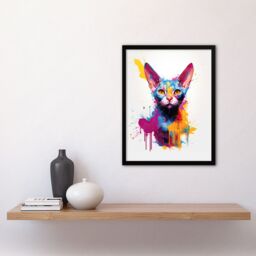 "Artery8 Wall Art Print Devon Rex Cat Lover Gift Pet Portrait Purple Blue Orange Artwork Painting Art Framed - Size: W12"" x H16""" - thumbnail 4