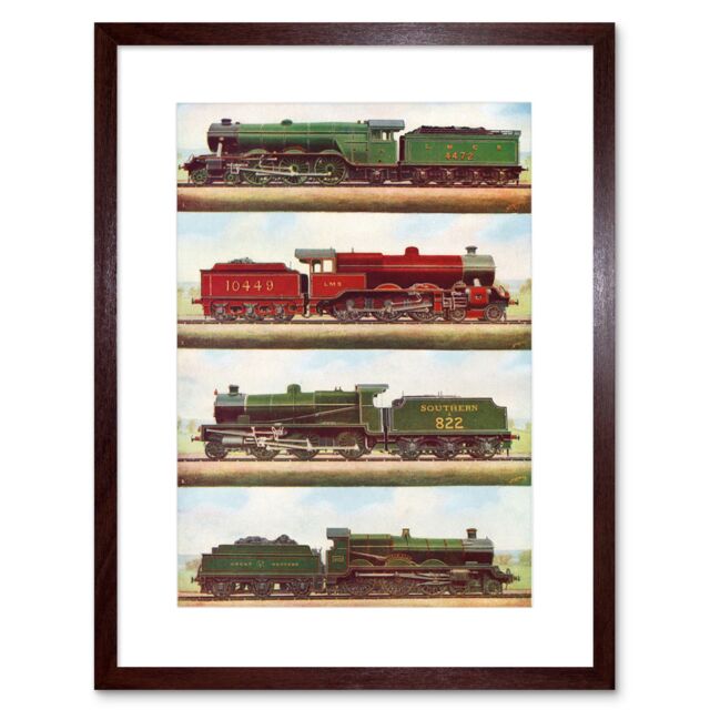 Artery8 Transport Red Green Four Train Engine Locomotives Vintage Illustration Artwork Framed Wall Art Print 12X16 Inch in Brown - image 1