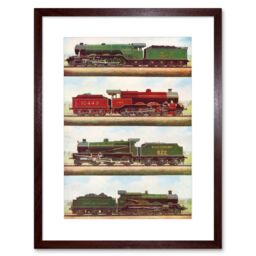 Artery8 Transport Red Green Four Train Engine Locomotives Vintage Illustration Artwork Framed Wall Art Print 12X16 Inch in Brown - thumbnail 1
