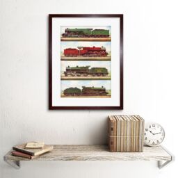Artery8 Transport Red Green Four Train Engine Locomotives Vintage Illustration Artwork Framed Wall Art Print 12X16 Inch in Brown - thumbnail 2