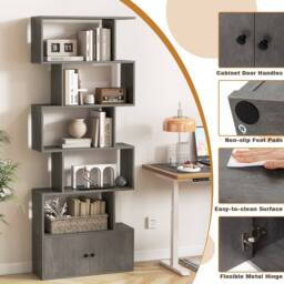 Costway 6-Tier Bookshelf w/ Cabinet S-Shaped Bookcase Shelf Storage Organizer in Grey - thumbnail 4