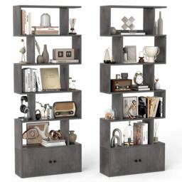 Costway 6-Tier Bookshelf w/ Cabinet S-Shaped Bookcase Shelf Storage Organizer in Grey - thumbnail 3