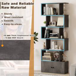 Costway 6-Tier Bookshelf w/ Cabinet S-Shaped Bookcase Shelf Storage Organizer in Grey - thumbnail 7