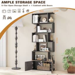 Costway 6-Tier Bookshelf w/ Cabinet S-Shaped Bookcase Shelf Storage Organizer in Grey - thumbnail 2