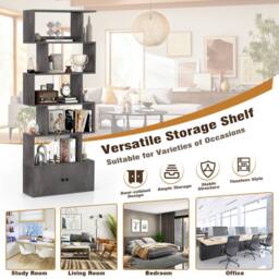 Costway 6-Tier Bookshelf w/ Cabinet S-Shaped Bookcase Shelf Storage Organizer in Grey - thumbnail 6