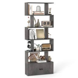 Costway 6-Tier Bookshelf w/ Cabinet S-Shaped Bookcase Shelf Storage Organizer in Grey - thumbnail 1