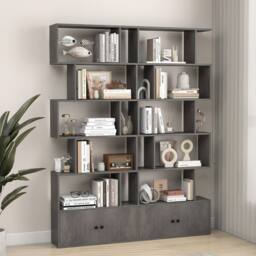 Costway 6-Tier Bookshelf w/ Cabinet S-Shaped Bookcase Shelf Storage Organizer in Grey - thumbnail 8