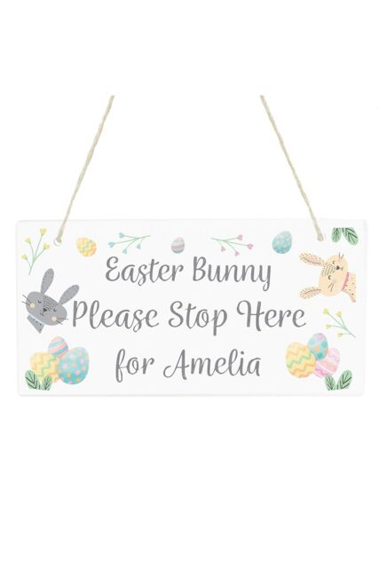 Personalised Memento Company Personalised Easter Bunny Stop Here Wooden Sign in White - image 1