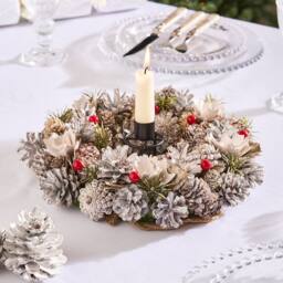 Dibor 30cm Red Berry Xmas Wreath Christmas Dining Table Centerpiece in White - thumbnail 1