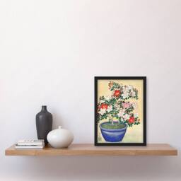 Artery8 Ohara Koson Framed Wall Art Print Blooming Azalea In Blue Pot in Yellow - Size: A4 - thumbnail 2