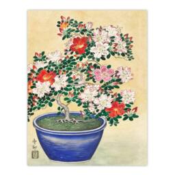 Artery8 Ohara Koson Framed Wall Art Print Blooming Azalea In Blue Pot in Yellow - Size: A4 - thumbnail 3