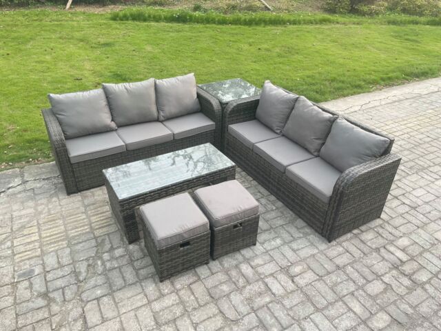 Fimous Outdoor Lounge Sofa Set Rattan Garden Furniture Set with Rectangular Coffee Table 2 Small Footstool Dark Grey Mixed - image 1