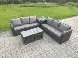 Fimous Outdoor Lounge Sofa Set Rattan Garden Furniture Set with Rectangular Coffee Table 2 Small Footstool Dark Grey Mixed - thumbnail 2