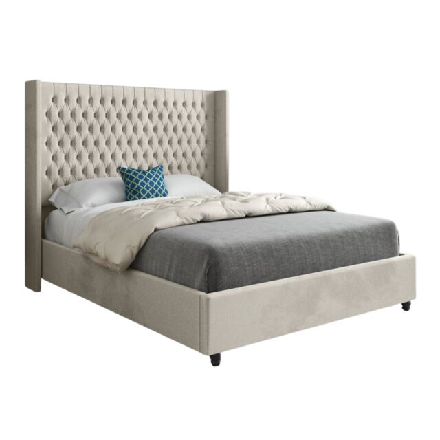 KDMD Serenova Straight Winged Upholstered Soft Velvet Designer Bed Frame in Cream - Size: Super King - image 1