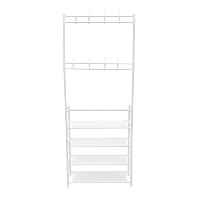 KORVIXA Coat Hat Stand 8 Hooks Metal Shoe Rack 4 Tiers in White - Size: 100 cm x 100 cm - image 1
