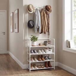 KORVIXA Coat Hat Stand 8 Hooks Metal Shoe Rack 4 Tiers in White - Size: 100 cm x 100 cm - thumbnail 5