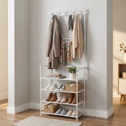 KORVIXA Coat Hat Stand 8 Hooks Metal Shoe Rack 4 Tiers in White - Size: 100 cm x 100 cm - thumbnail 4