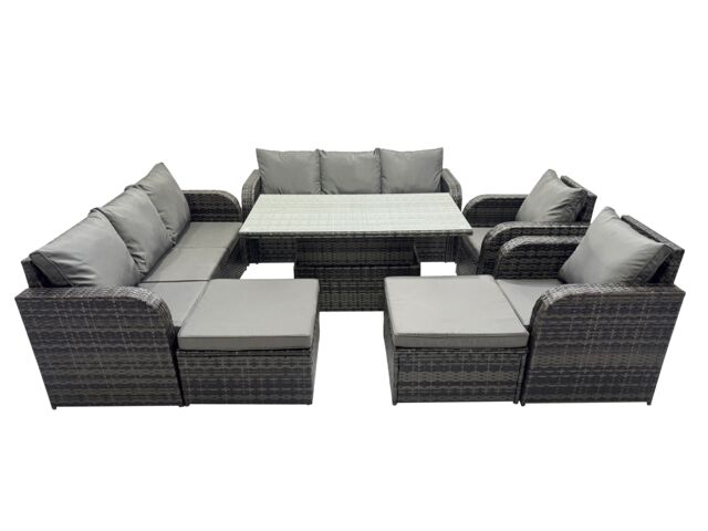 Fimous Rattan Garden Furniture Dining Set 10-seater with 2 Big Footstool in Dark Grey - image 1