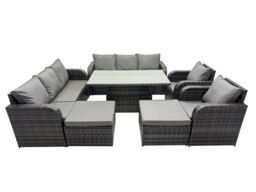 Fimous Rattan Garden Furniture Dining Set 10-seater with 2 Big Footstool in Dark Grey - thumbnail 1