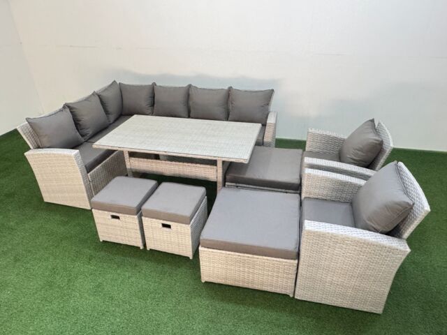 Fimous 12 Seater Rattan Garden Furniture Set Table 2 Chairs 4 Footstools in Light Grey - image 1