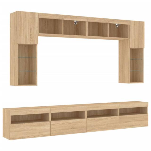 Berkfield Home Versatile 8 Piece TV Wall Cabinet Set with LED Lights Sonoma Oak in Tan - image 1