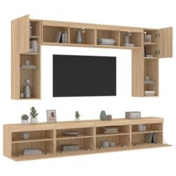 Berkfield Home Versatile 8 Piece TV Wall Cabinet Set with LED Lights Sonoma Oak in Tan - thumbnail 5