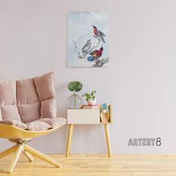 "Artery8 Three Crimson Sunbirds Watercolour Schouman Canvas Wall Art Print in Blue - Size: W12"" x H16""" - thumbnail 3