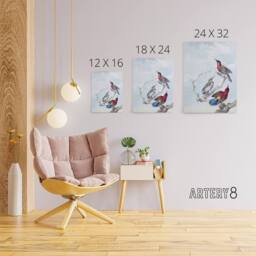 "Artery8 Three Crimson Sunbirds Watercolour Schouman Canvas Wall Art Print in Blue - Size: W12"" x H16""" - thumbnail 4