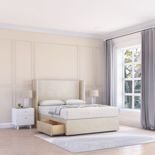 "Sloomy Devonshire Plush Wingback Bed Set, 2 Drawers & 54"" Floor Standing Headboard in Cream - Size: Super King" - image 1