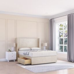 "Sloomy Devonshire Plush Wingback Bed Set, 2 Drawers & 54"" Floor Standing Headboard in Cream - Size: Super King" - thumbnail 1