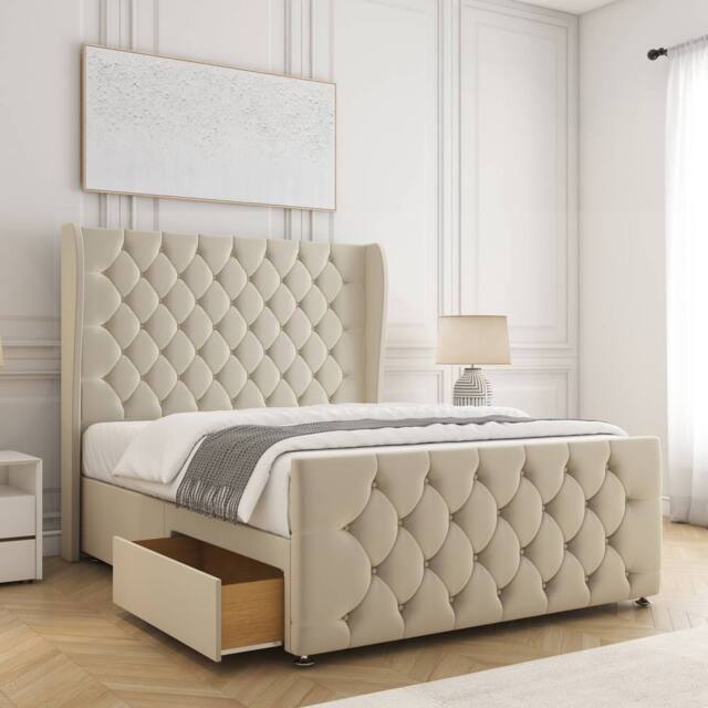 "BSSPOKE Anna Plush Velvet Divan Bed 54"" Headboard 2Drawers Footend & Mattress in Cream - Size: Small Double" - image 1
