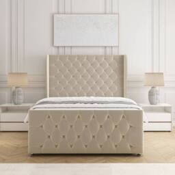"BSSPOKE Anna Plush Velvet Divan Bed 54"" Headboard 2Drawers Footend & Mattress in Cream - Size: Small Double" - thumbnail 2