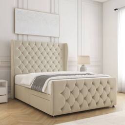 "BSSPOKE Anna Plush Velvet Divan Bed 54"" Headboard 2Drawers Footend & Mattress in Cream - Size: Small Double" - thumbnail 3