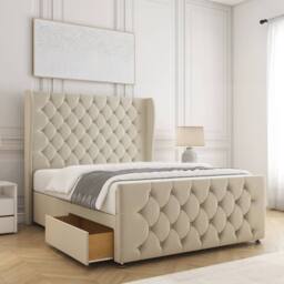 "BSSPOKE Anna Plush Velvet Divan Bed 54"" Headboard 2Drawers Footend & Mattress in Cream - Size: Small Double" - thumbnail 1