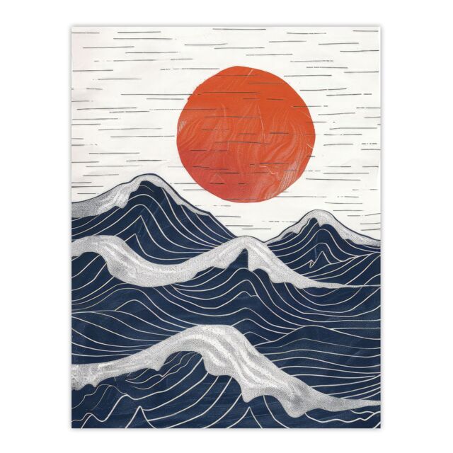 "Artery8 Wall Art Print Abstract Sunset Seascape Waves Sun Painting Poster in White - Size: W24"" x H32""" - image 1